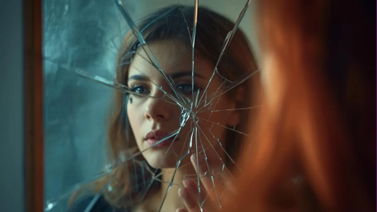 A hopeful woman stands at the edge of a sunlit doorway, stepping confidently into a bright, open space. The background features soft blue gradients, symbolizing freedom and new beginnings. The scene conveys empowerment and optimism, with gentle light illuminating her path forward.