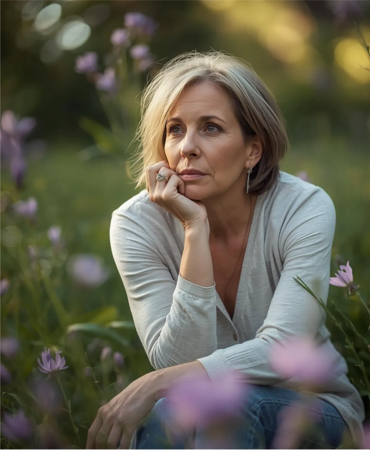 A person sits alone on a couch, looking thoughtfully at a window, with muted colors and a soft, contemplative atmosphere.