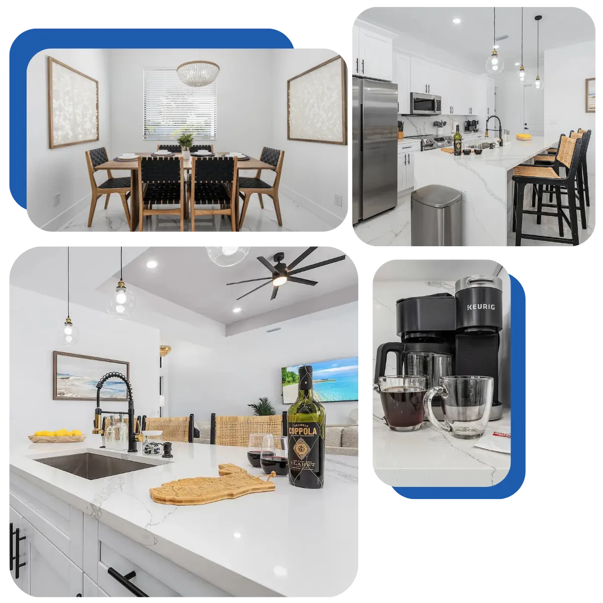 Palms Hideaway, a haven for food enthusiasts and casual cooks, showcases top-of-the-line appliances, expansive counter space, and a comprehensive selection of utensils for the ultimate culinary experience