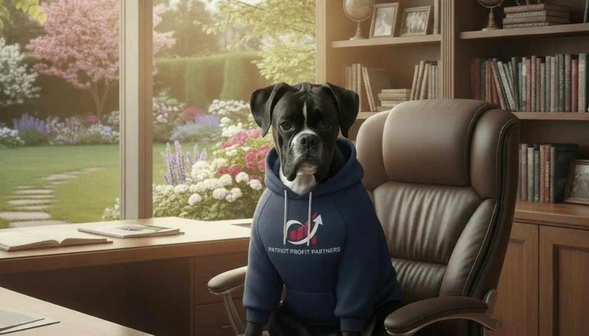 Image of a dog wearing a Patriot Profit Partners hoodie in an office chair