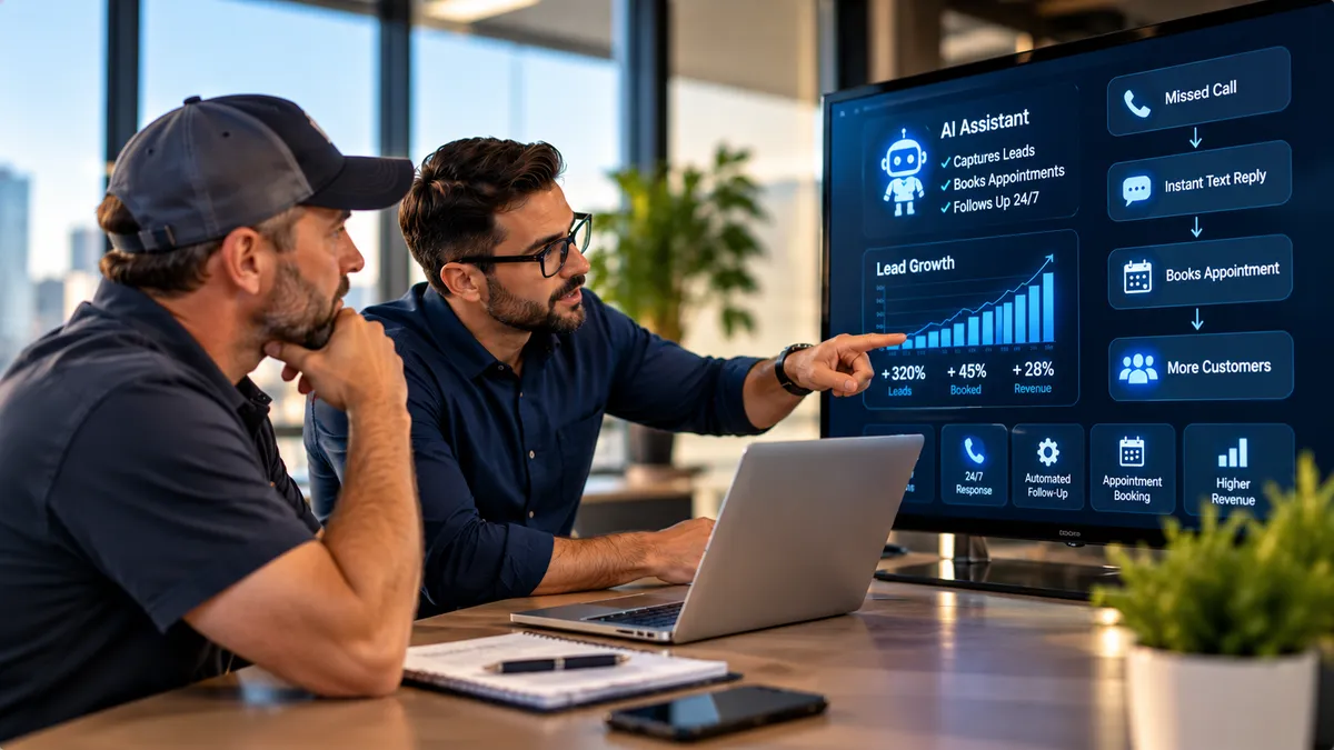 Business owners reviewing AI automation technology