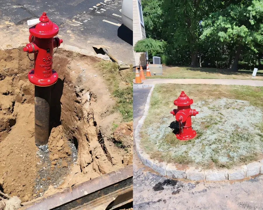 Side-by-side comparison of a fire hydrant repair and restoration project. The 'Before' image shows an exposed fire hydrant pipe in a large excavation hole, while the 'After' image displays a fully restored hydrant surrounded by freshly applied hydroseed for rapid lawn regrowth.