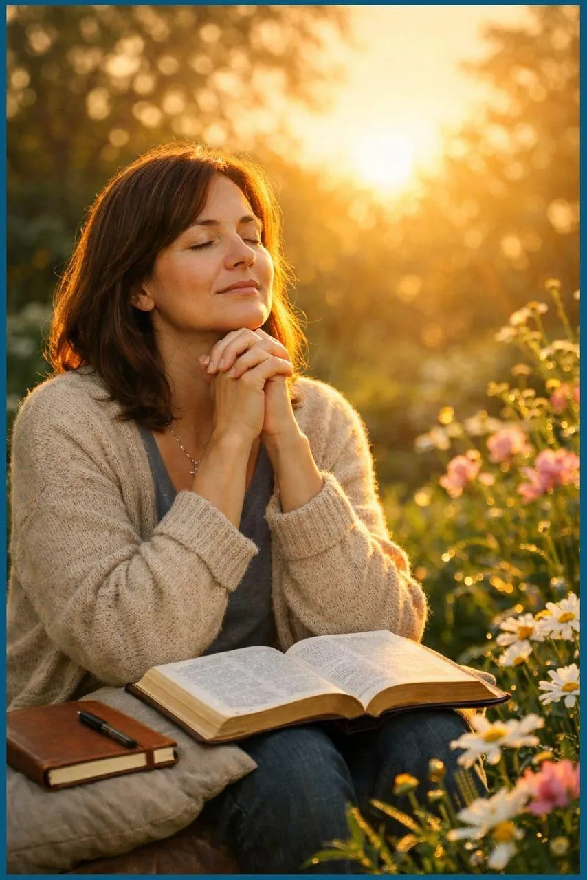 Christian Woman Praying Outdoors at Sunset with an open Bible, reflecting quiet time with God, personal devotion, and spiritual growth in a peaceful natural setting.