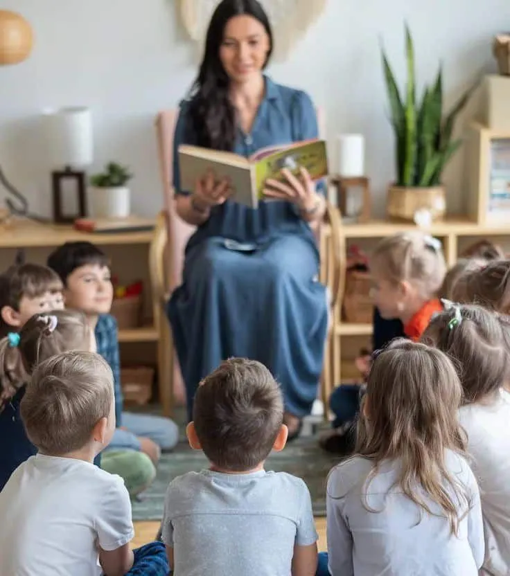 Teacher reading a storybook to a group of young children sitting in a circle, representing early childhood education, moral teaching, and guiding kids to understand truth and honesty.