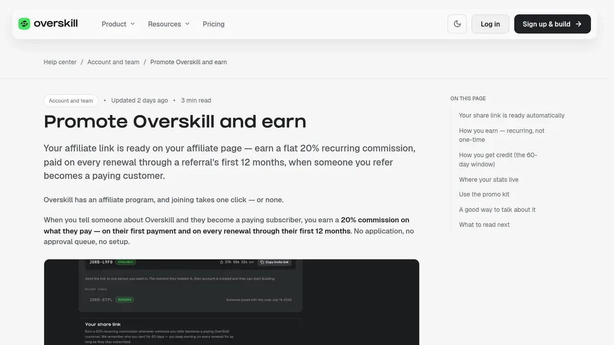 Overskill help article titled Promote Overskill and earn, about its 20 percent recurring commission