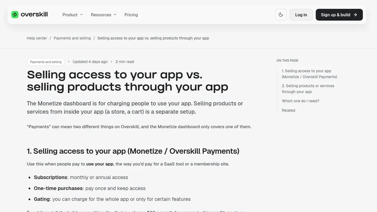 Overskill help article titled Selling access to your app vs. selling products through your app