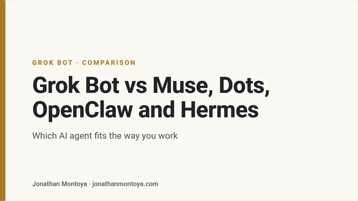 Title card: Grok Bot vs Muse, Dots, OpenClaw and Hermes