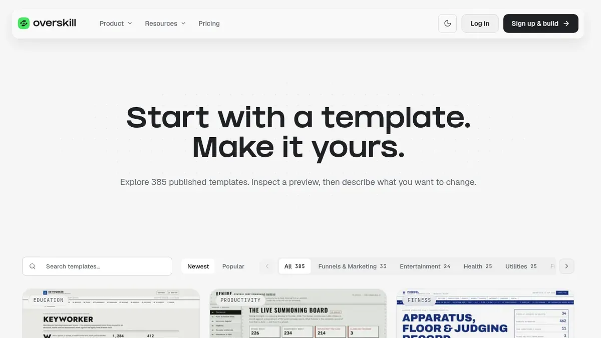 Overskill templates page showing 385 published app templates and category filters