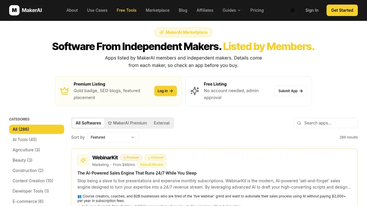 Screenshot of the MakerAI Marketplace page with Premium and Free listing options