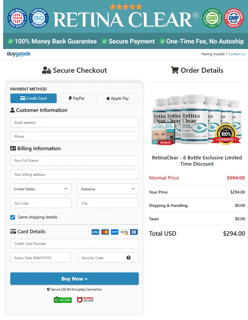 Retina Clear order page