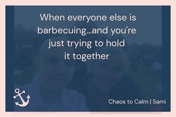 Mum sitting at a family gathering, looking tired, blog about bank holidays and emotional dysregulation
