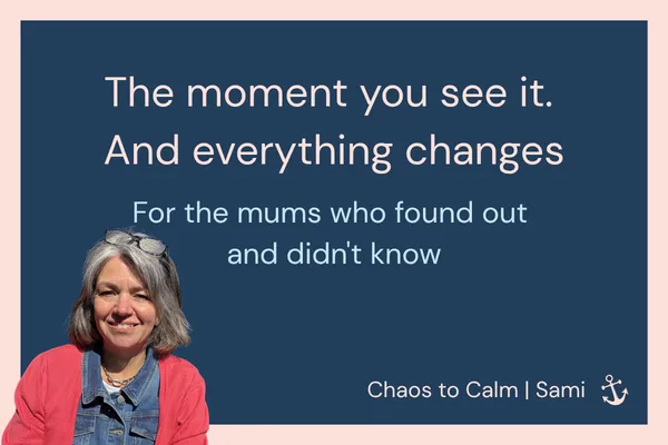 Navy blue blog header graphic with coral border and anchor icon. Text reads: "The moment you see it. And everything changes. For the mums who found out and didn't know where to turn. Chaos to Calm | Sami."