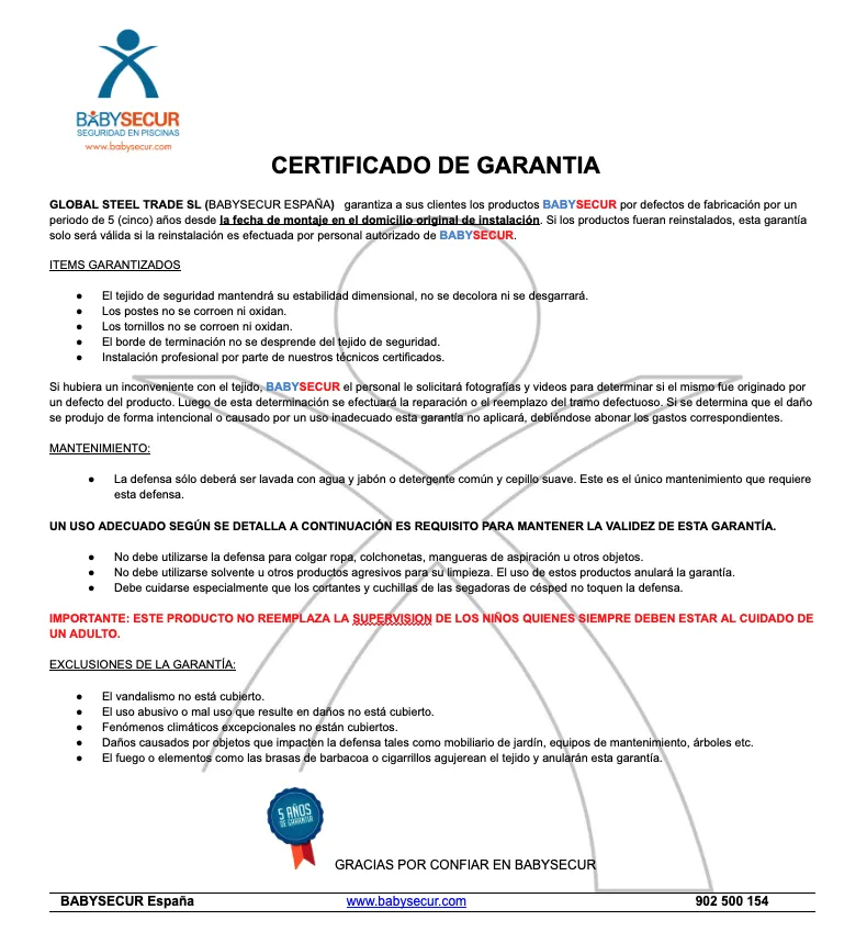 Certificado de garantía Babysecur, que detalla los términos de cobertura para vallas desmontables, mantenimiento y exclusiones.