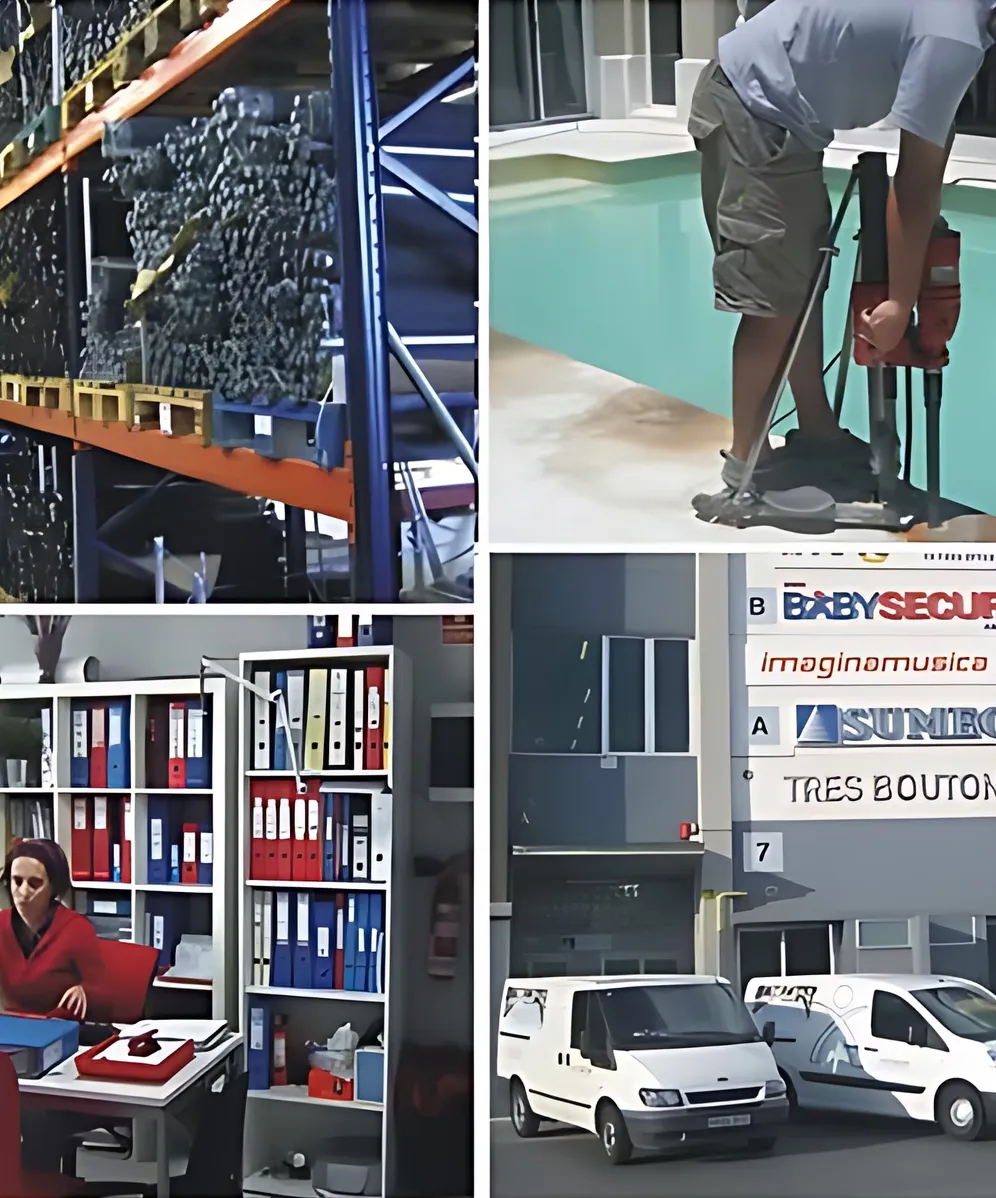 Collage que muestra las instalaciones de Babysecur, procesos de instalación, almacén de materiales y personal administrativo, reflejando su profesionalismo y organización.