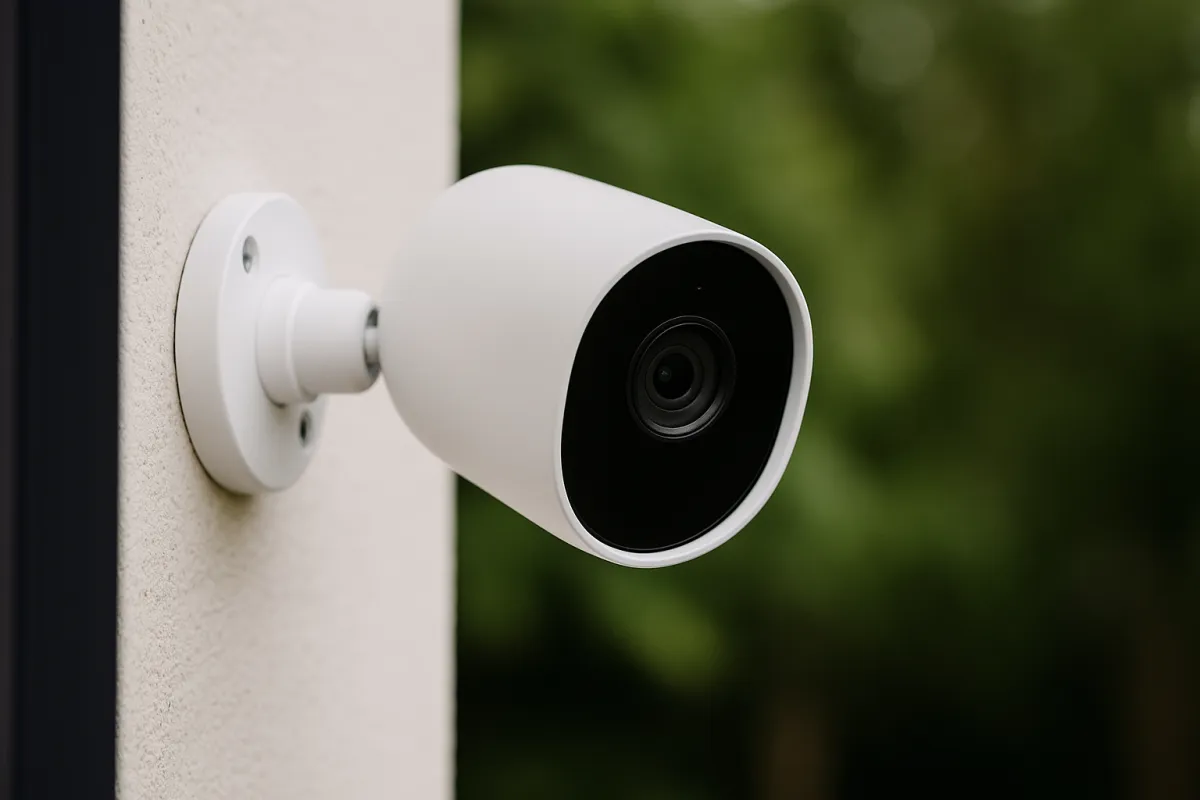 Cámara de seguridad exterior blanca instalada en la fachada de una casa moderna