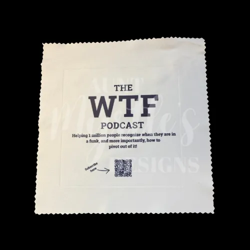 White cleaning cloth branded with "The WTF Podcast" and the QR code to the podcast