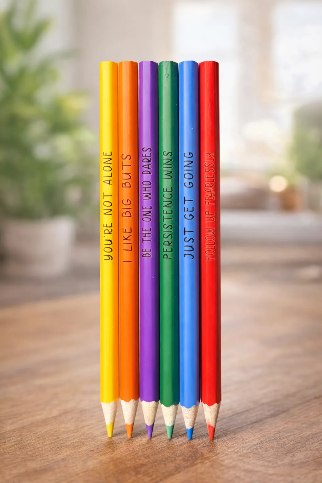 Set of six colored pencils - yellow, orange, purple, green, blue and red with various sayings laser engraved on each pencil.
