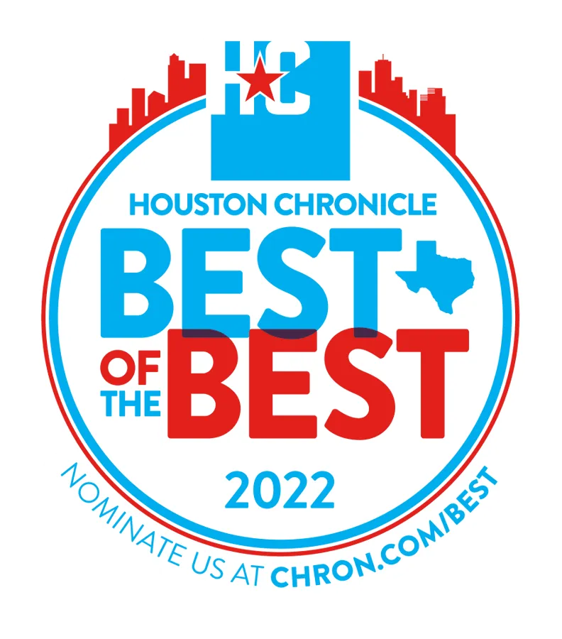 The **Houston Chronicle Best of the Best 2022** badge features a bold circular design with a red city skyline, blue and red text, and a Texas state silhouette. It highlights "Best of the Best" in large letters, representing an accolade for businesses excelling in their fields. The bottom text encourages nominations at **chron.com/best**. This badge signifies recognition for outstanding service, aligning with **True Cleaning Experts'** commitment to excellence.