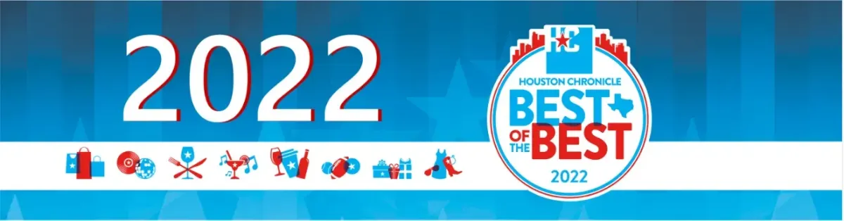 A banner for the **Houston Chronicle's Best of the Best 2022** awards. The design features a bold blue background with "2022" in large white and red lettering. On the right, a circular badge displays the text "Houston Chronicle Best of the Best 2022" with a Texas-shaped icon and a red city skyline graphic above it. At the bottom, various icons like shopping bags, dining, entertainment, and sports illustrate different categories recognized in the awards.