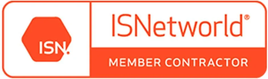 A badge displaying the **ISNetworld® Member Contractor** designation. The logo features a bold orange color with a hexagon containing the letters "ISN" on the left and "ISNetworld" prominently written to the right. The phrase "Member Contractor" is displayed in white text within an orange rectangle at the bottom, indicating verified membership for contractors within the ISNetworld network.