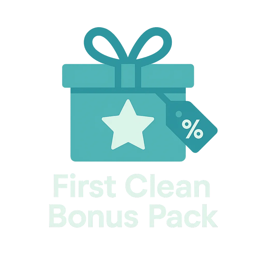 Gift box icon labeled 'First Clean Bonus Pack' promoting True Cleaning Experts' limited-time offer for new clients
