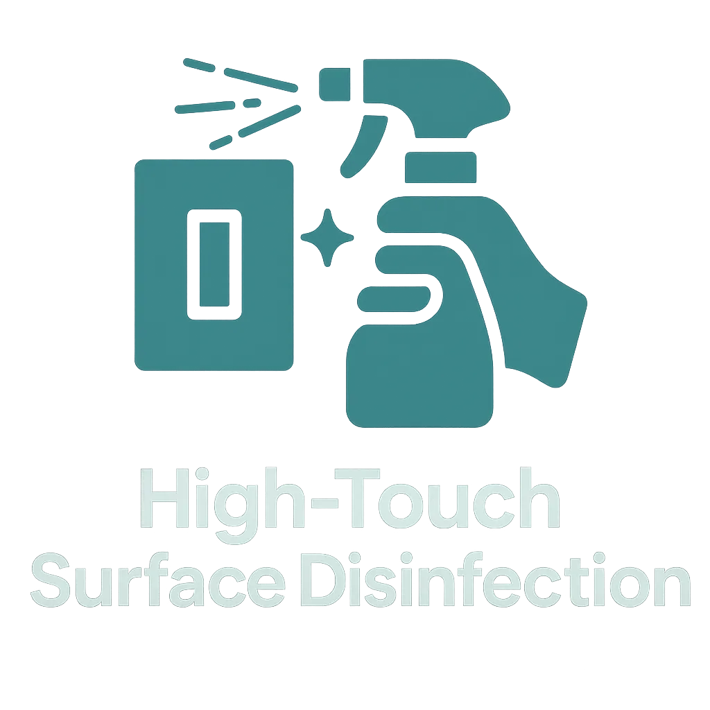 Spray bottle and surfaces icon labeled 'High-Touch Surface Disinfection,' showcasing advanced sanitation included in the first clean offer