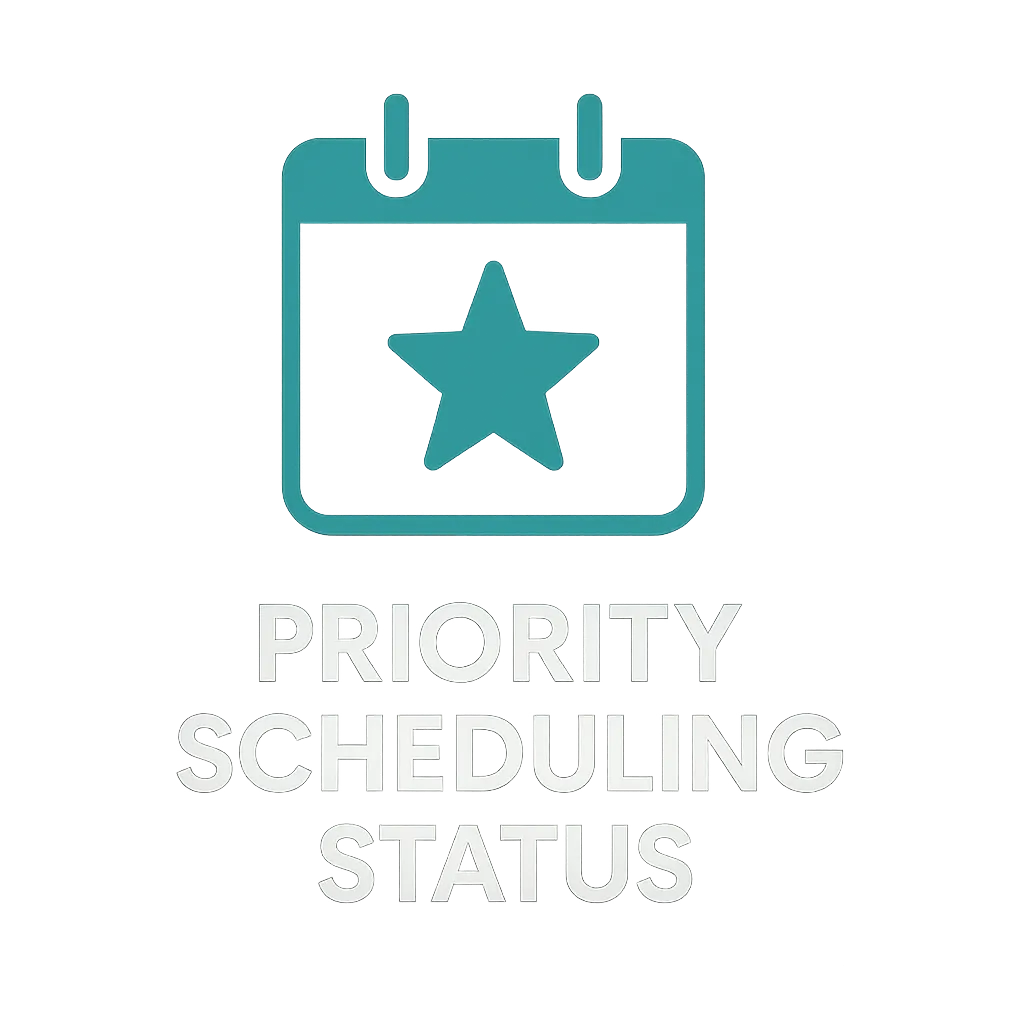 Star calendar icon labeled 'Priority Scheduling Status,' offering new clients faster service through the welcome pack
