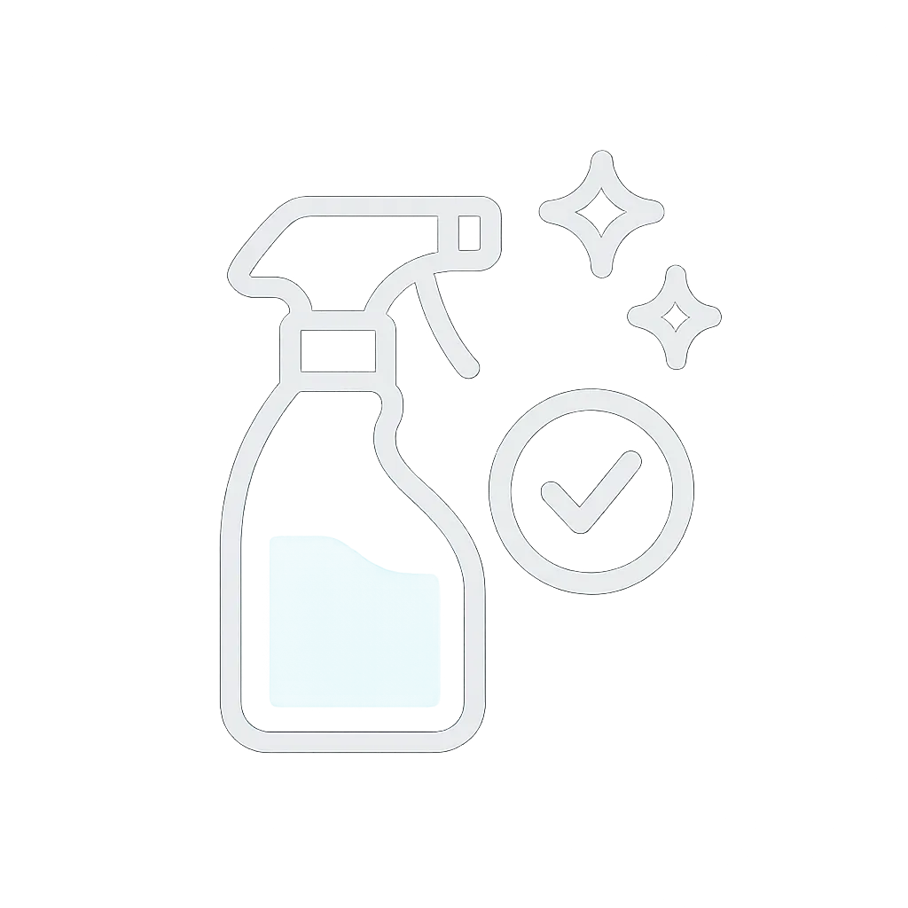 Spray bottle and checkmark icon symbolizing specialty cleaning add-ons like oven detailing, interior window cleaning, cabinet wipe-downs, and pet hair removal