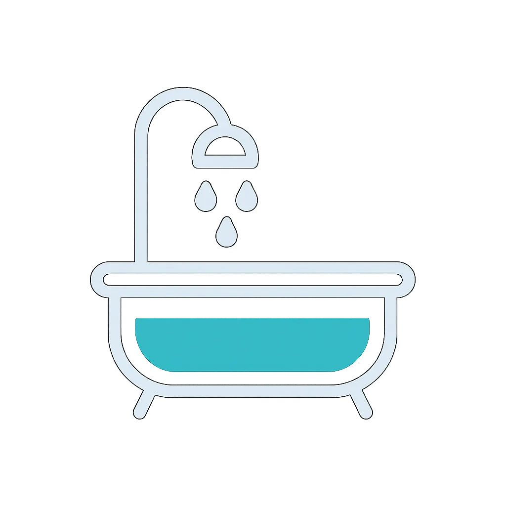 Icon of a faucet and bathtub symbolizing bathroom cleaning by True Cleaning Experts covering toilets, tubs, mirrors, tile, and baseboards