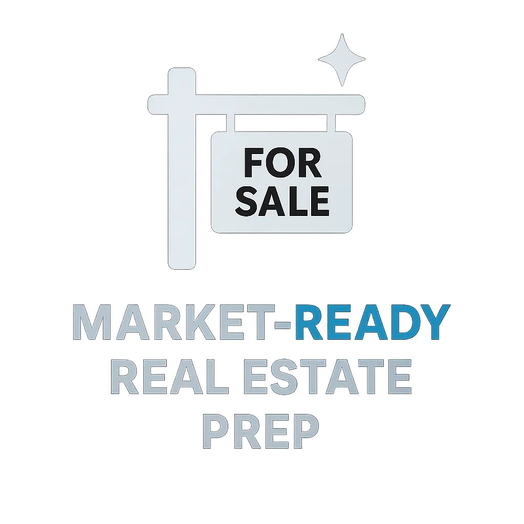 For sale sign with sparkle icon labeled 'Market-Ready Real Estate Prep,' symbolizing home staging cleaning services to prepare properties for sale