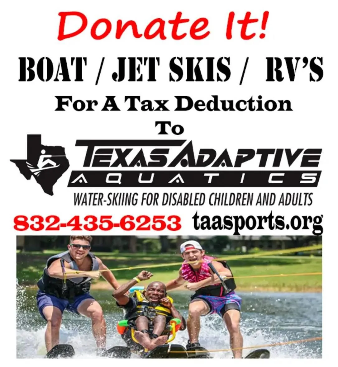 Texas Adaptive Aquatics donation flyer encouraging support for water-skiing programs for disabled children and adults