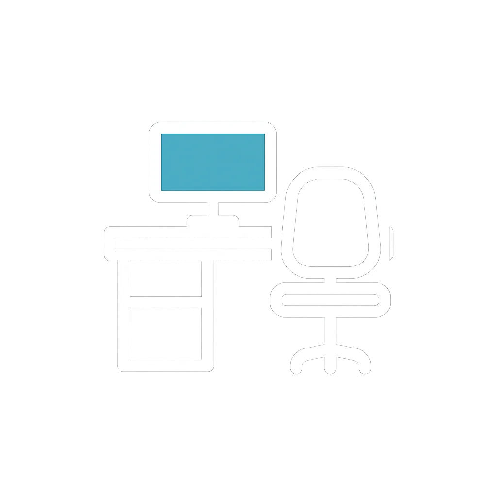 Desk and office chair icon representing commercial cleaning of shared spaces including workstations, lobbies, doors, mirrors, and floors