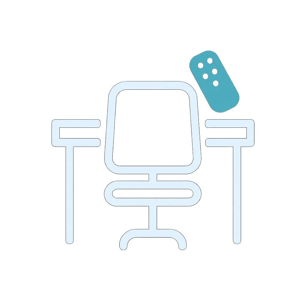 Office chair with pointer icon symbolizing cleaning of meeting rooms, including conference tables, windows, and presentation equipment