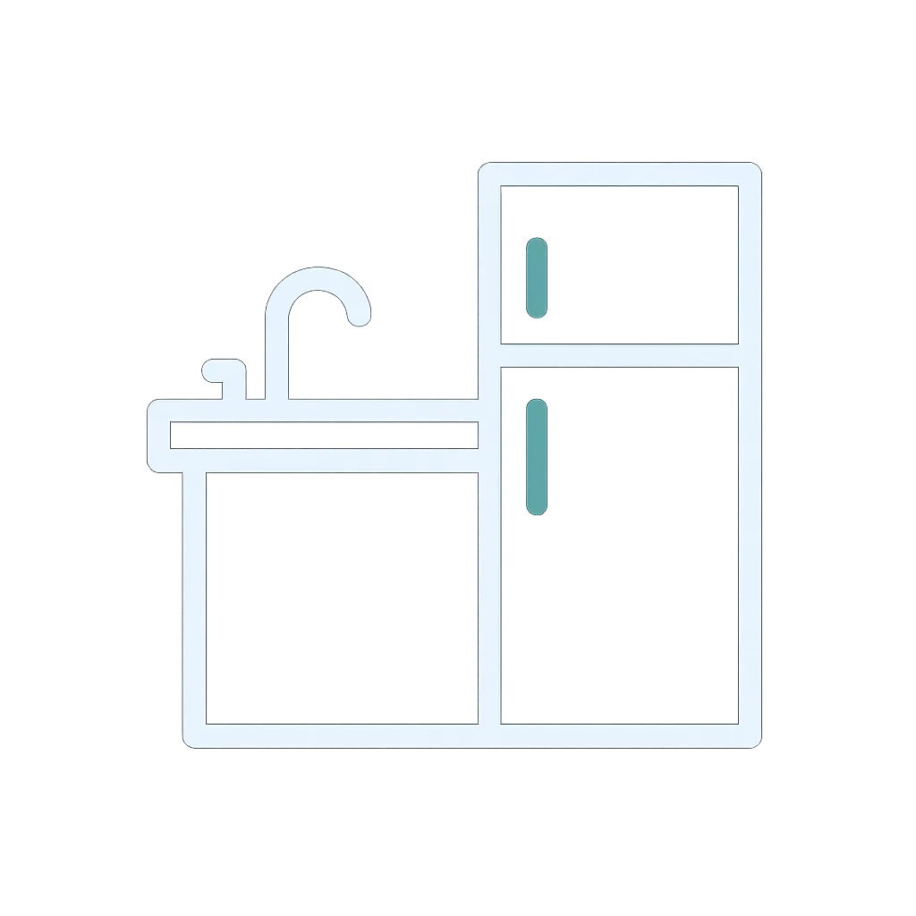 Sink and refrigerator icon symbolizing professional cleaning for office kitchens and breakrooms, including counters, appliances, and trash