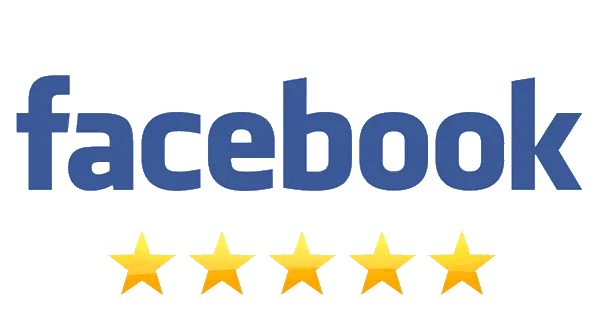 A graphic featuring the **Facebook** logo in its signature blue background with the word "facebook" in a transparent style. Below the logo, there are **five yellow stars** in a row, representing a **5-star rating**, often used to indicate excellent customer reviews or high satisfaction ratings.