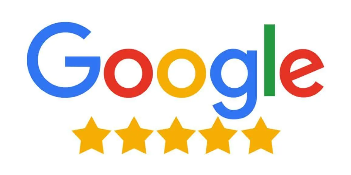 The image features the **Google** logo in its iconic multicolored design. Below the logo, there are **five yellow stars** arranged in a row, representing a **5-star rating**, often used to signify excellent customer reviews and top-quality service.