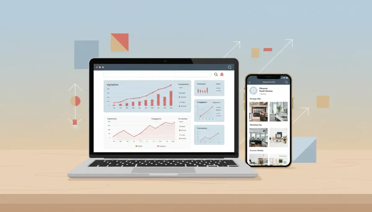 Laptop showing Pinterest analytics and smartphone with branded profile