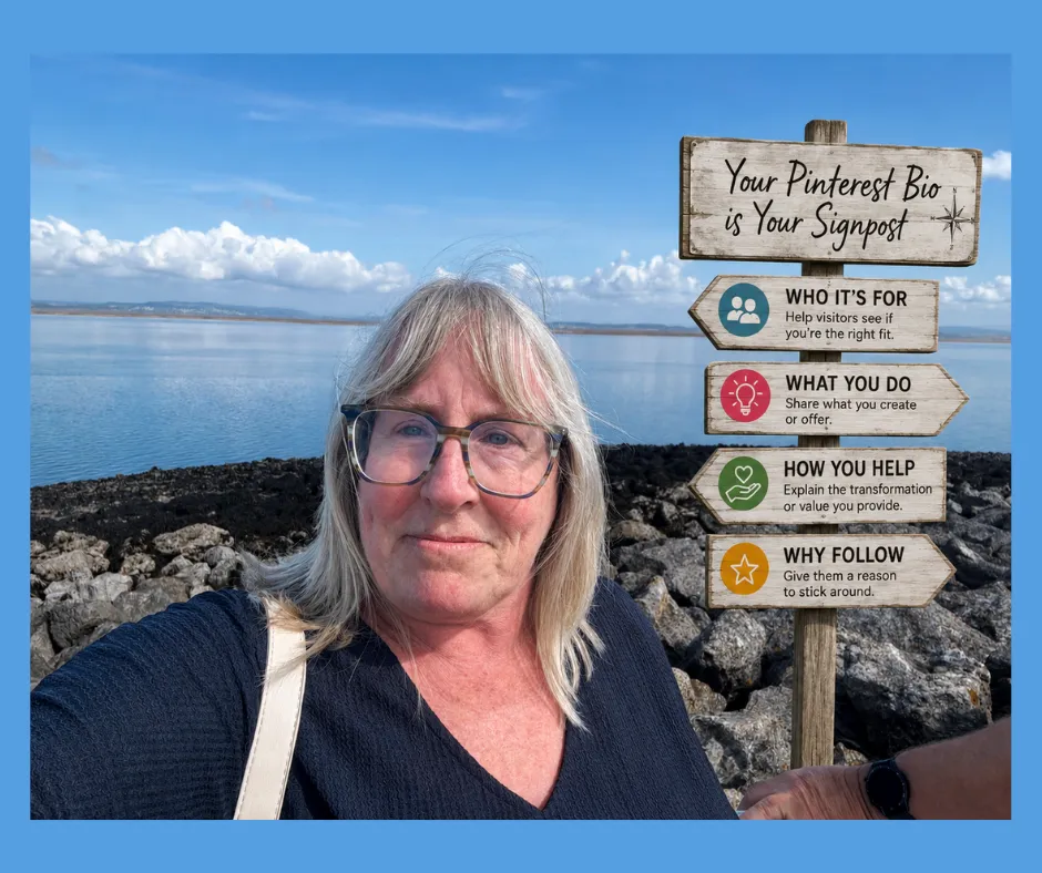 Jill standing beside a signpost graphic explaining what a Pinterest bio should communicate