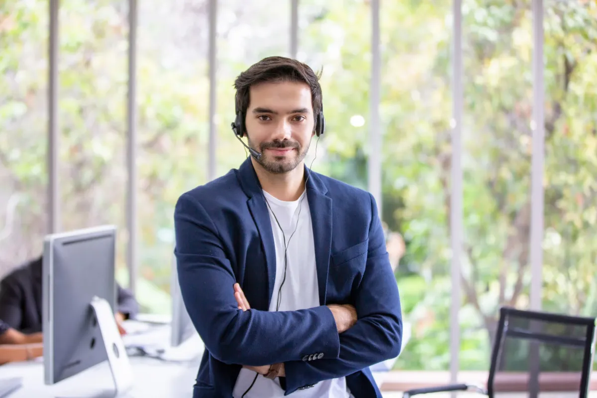Customer service representative with headset