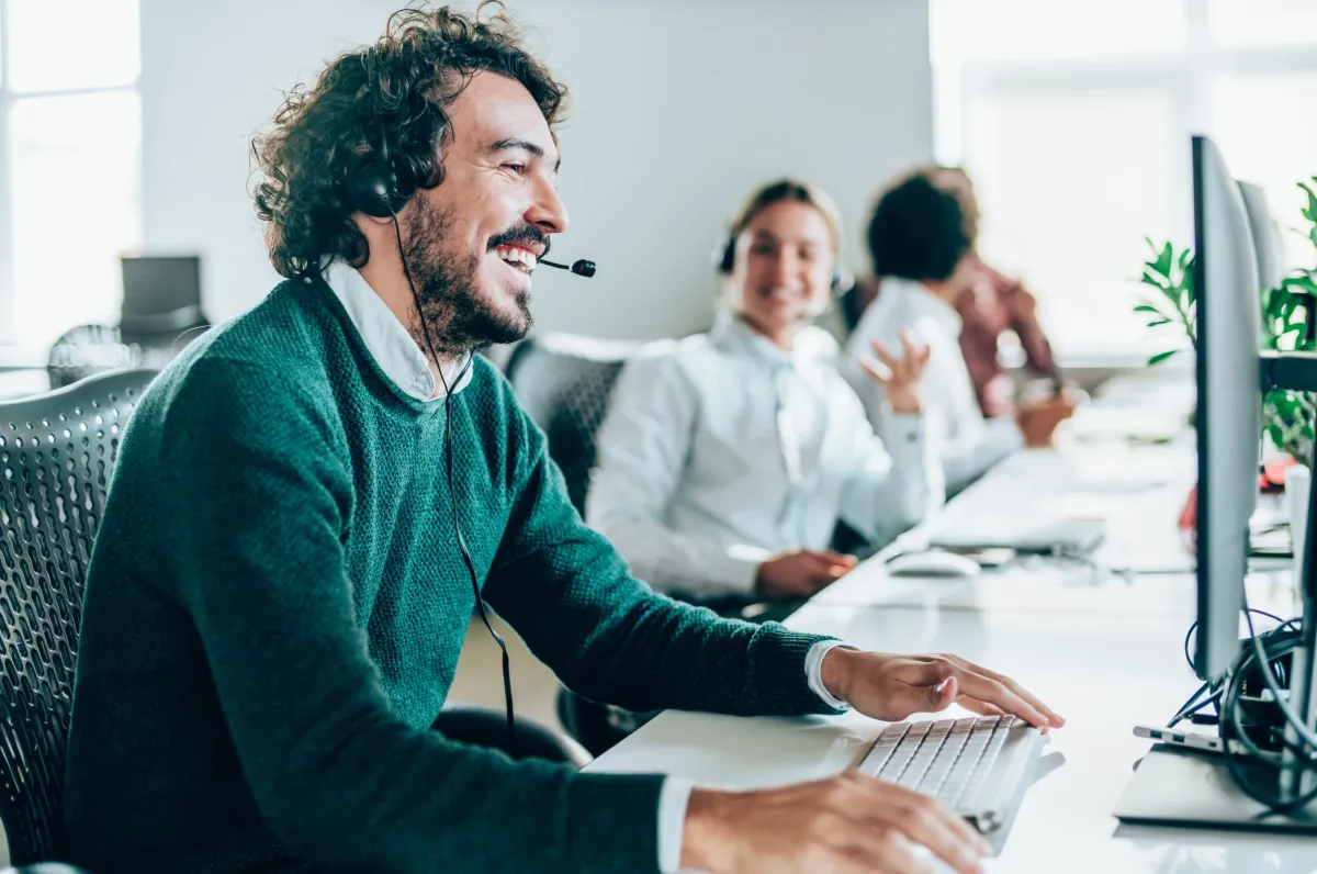 Roofing marketers team collaborating at call center