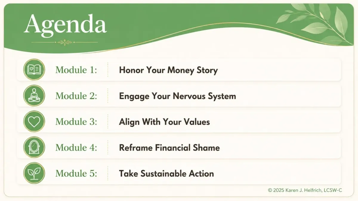 Agenda for the five-step Money From the HEART course