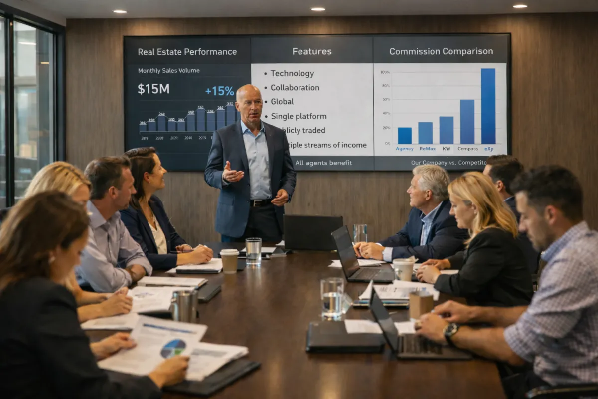 Real estate team leader presenting platform comparison to agents at conference table 2026