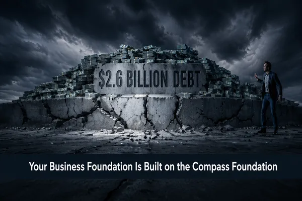 Cracking building foundation with stacked cash and 2.6 billion debt label — Compass agent business risk 2026