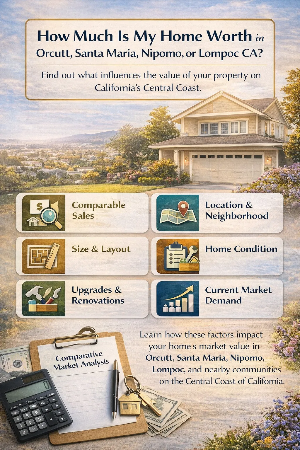 Wondering how much your home is worth in Orcutt, Santa Maria, Nipomo, or Lompoc CA? Learn what determines home value on the Central Coast, including comparable sales, location, condition, and market demand.