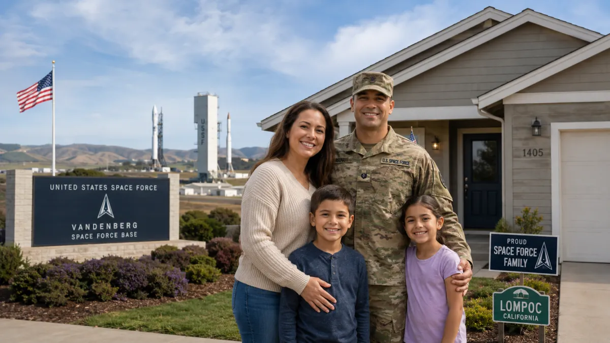 Military family standing in front of a home in Lompoc California with Vandenberg Space Force Base in the background