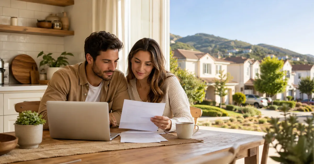 First-time home buyer couple reviewing documents at a kitchen table with a Central Coast California neighborhood visible through the window