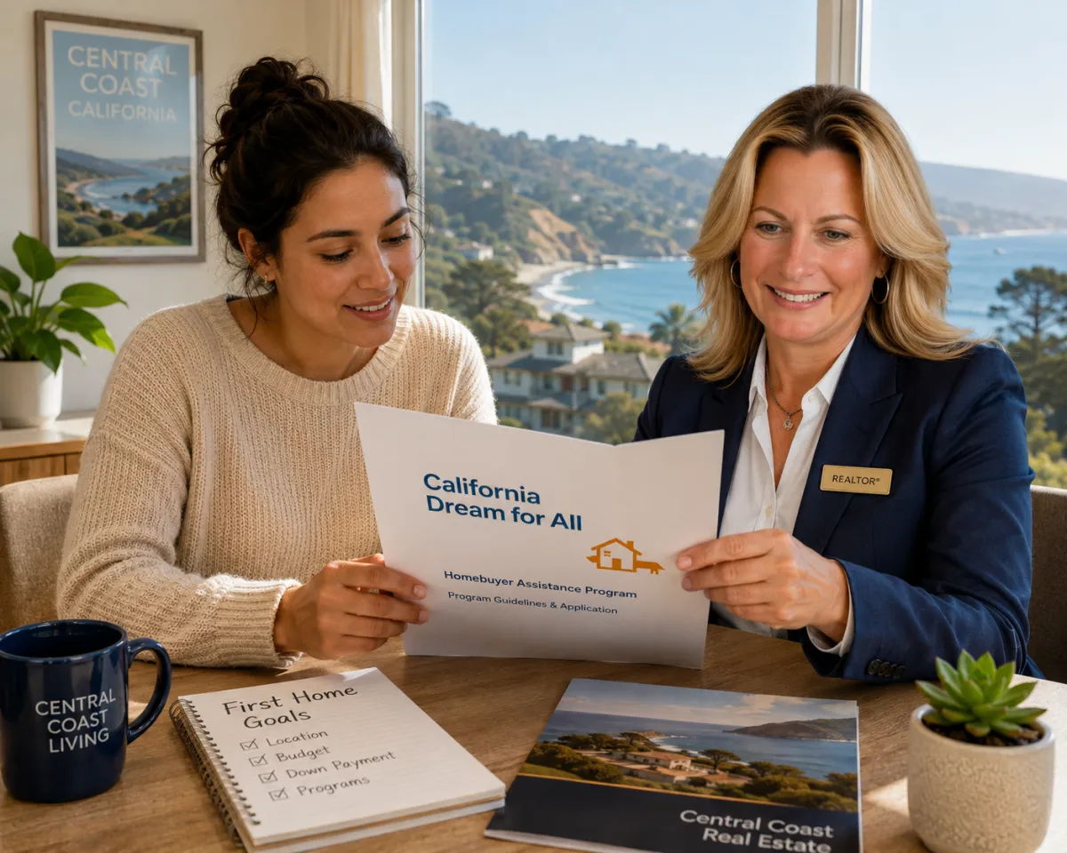 First-time homebuyer reviewing California Dream for All paperwork with a Realtor on the Central Coast
