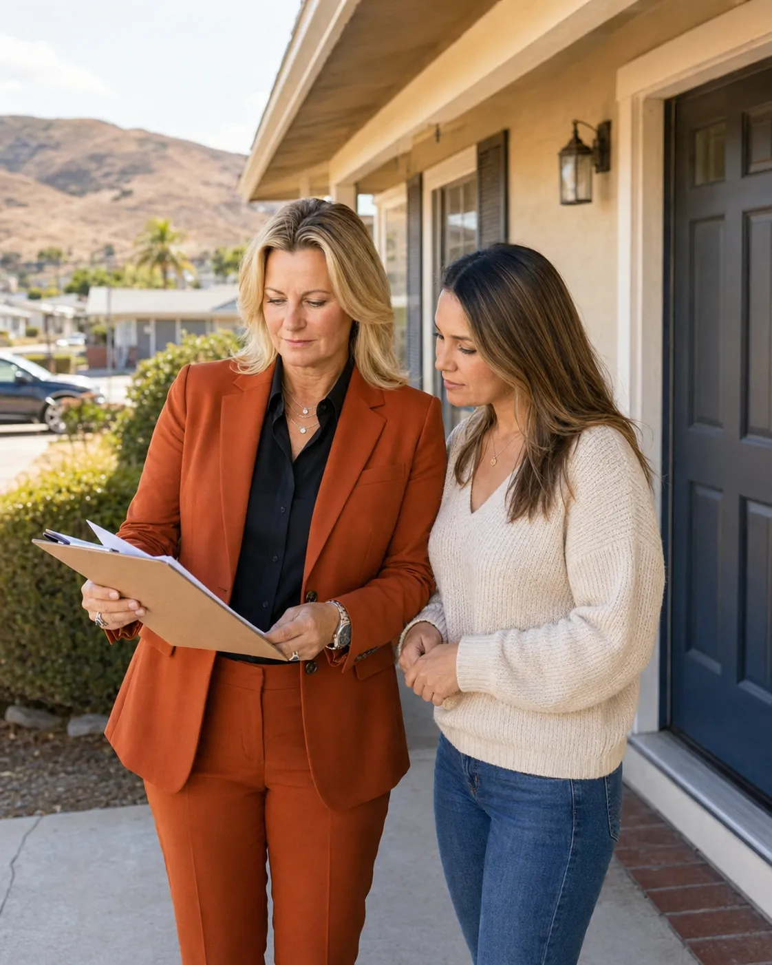 "Buyer and agent reviewing home disclosure documents on the front porch of a Santa Maria, California house"
