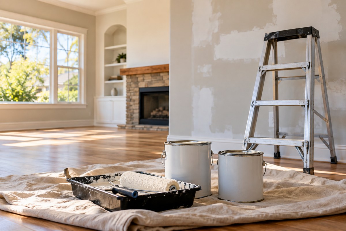 Paint cans, roller, drop cloth, and a ladder in a bright living room being prepared for sale