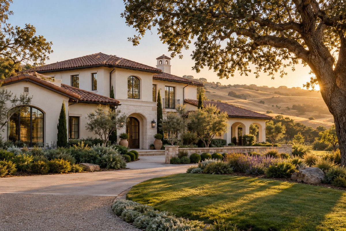 Two-story stucco home with a tile roof and oak tree against golden Central Coast hills